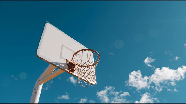Basketball hoop with a white backboard against a blue sky background, minimalist style.