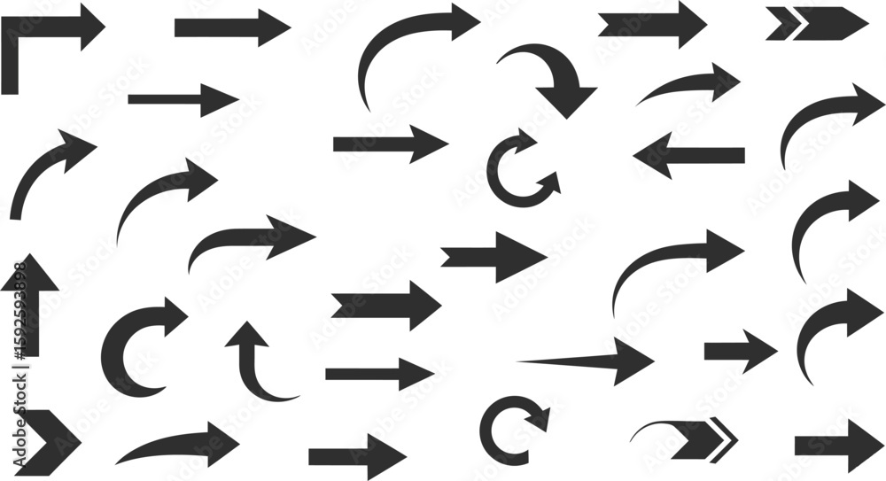 Poster collection of vector arrow icons: a diverse set of black arrows pointing in various directions, perf