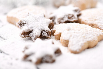 Christmas cookies on bright background. Soft focus. Close up.	