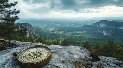 Antique brass compass rests on a rocky outcrop overlooking a vast mist shrouded mountain valley