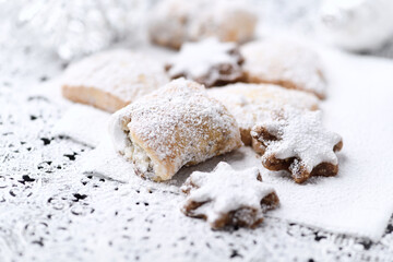 Christmas cookies on bright background. Soft focus. Close up.	