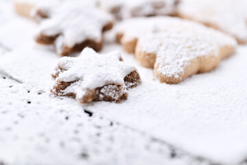Christmas cookies on bright background. Soft focus. Close up.	