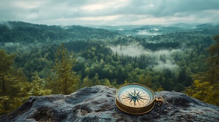 Antique brass compass resting on rocky outcropping overlooking misty forest landscape