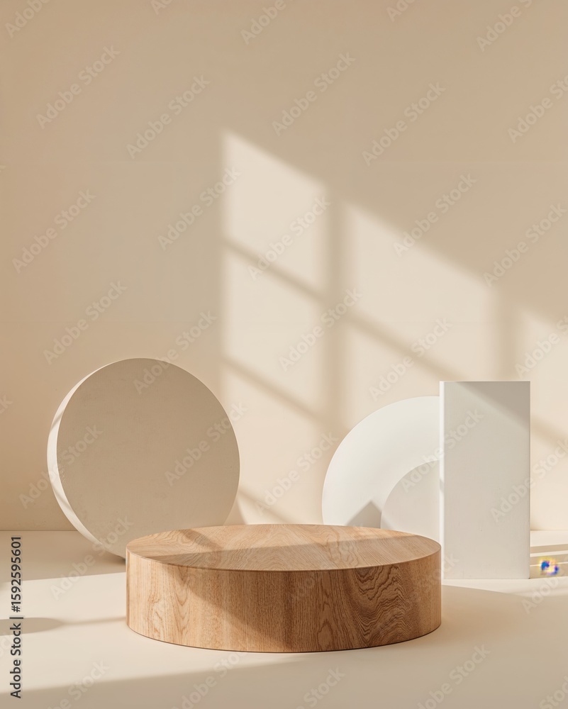 Poster elegant presentation, a sleek low-lying wooden podium displayed with geometric shapes in a minimalis