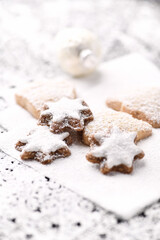 Christmas cookies on bright background. Soft focus. Close up.	