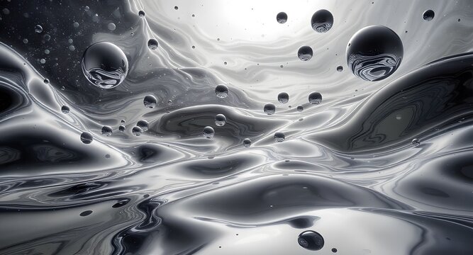 Abstract digital artwork depicting floating spheres and reflective surfaces in grayscale tones. The scene evokes a sense of surrealism with its smooth textures and depth. - Powered by Adobe