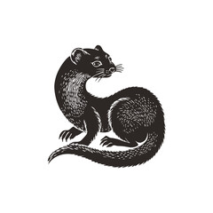 Elegant black and white vector illustration of a stoat, detailed with intricate linework. The stoat is portrayed sitting with attention to its fur pattern and shape, ideal for nature-themed designs.
