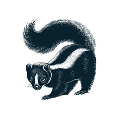 Skunk vector illustration with intricate detail showcases the animal's characteristic black and white fur. Perfect for educational materials, wildlife projects, and nature-themed designs.