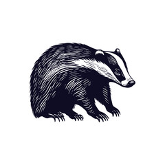 Detailed engraved vector illustration of a badger on a white background, highlighting its striped face and distinctive features. The image captures the unique texture and fur patterns of the badger.
