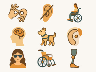 The image shows a set of disability icons, including a guide dog, wheelchair, prosthetic leg, hearing aid, sign language gesture, brain, and a person with visual impairment.