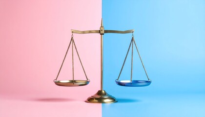 Gold scale balanced on pink and blue