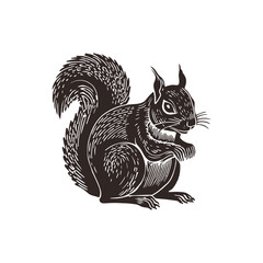 Detailed engraved hand-drawn vector illustration of a squirrel in black and white style. The intricate design showcases the animal's natural fur texture and pose, perfect for artistic projects.

