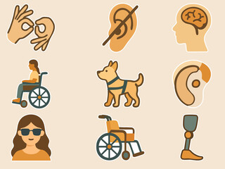 The image shows a set of disability icons, including a guide dog, wheelchair, prosthetic leg, hearing aid, sign language gesture, brain, and a person with visual impairment.
