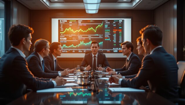 Strategic business team analyzing financial data in modern conference room