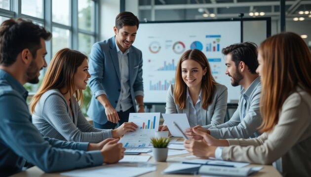 Collaborative Business Strategy: A Diverse Team Analyzing Data Analytics Graphs