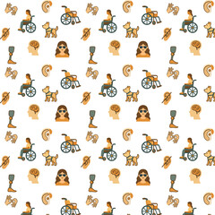 The image is a seamless pattern featuring various disability icons, including wheelchairs, guide dogs, prosthetic legs, hearing aids, sign language symbols, and individuals with visual or cognitive im