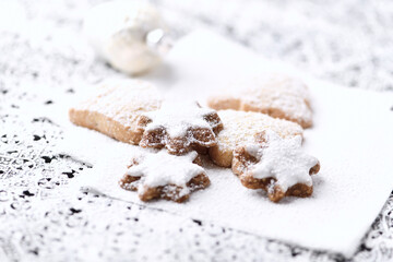 Christmas cookies on bright background. Soft focus. Close up.	