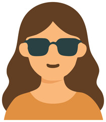 A flat design icon of a woman with long brown hair wearing dark sunglasses, symbolizing visual impairment or blindness.