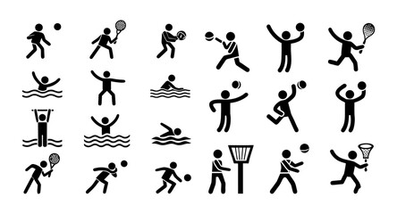 Naklejka premium Sports Silhouette Vector Set – Dynamic Black Silhouettes of Basketball Dunk, Soccer Kick, Tennis Serve, and Swimming Pose for Athletic and Action Design