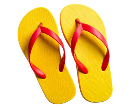 Pair of Yellow and Red Flip Flops Side-by-Side, Flat Lay Top View, Isolated on Transparent Background PNG