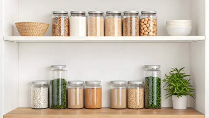 Organizing a kitchen pantry with clear jars and natural elements for a clean look