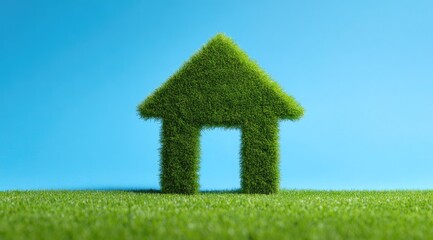 Green grassy house shape on a grassy field against a clear blue sky