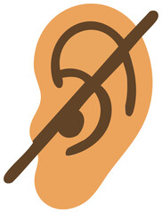 A flat vector icon of an ear with a diagonal line crossing through it, symbolizing hearing impairment or deafness.