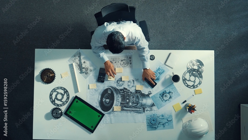 Aufkleber top down view of skilled engineer writing and planning turbine engine design while sitting at meetin