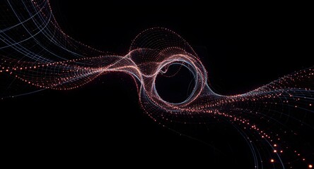 Abstract digital data flow visualization with luminous dots and lines forming an intricate pattern on a black background. Displaying data flow with motion and light.