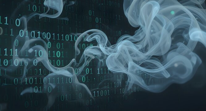 Abstract composition featuring swirling ethereal forms and binary code elements in shades of teal and gray creating a digital atmosphere - Powered by Adobe