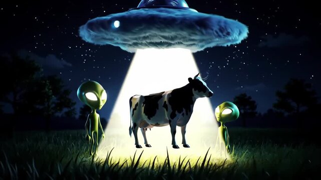 Animated video of a cow meeting an alien in a field at night.
Video generated by AI.