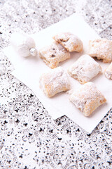 Stollen Bites on bright background. Soft focus. Close up. Copy space.	