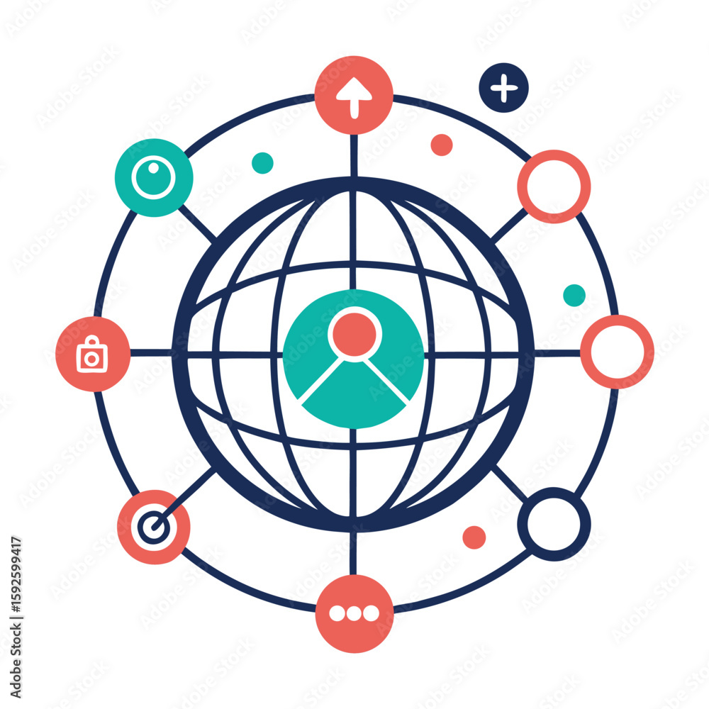 Aufkleber global icon representing digital outreach and connectivity with interconnected elements