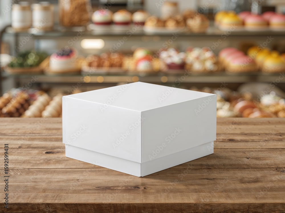 Poster elegant white cake box mockup centered on rustic wooden table in bakery with blurred pastry display