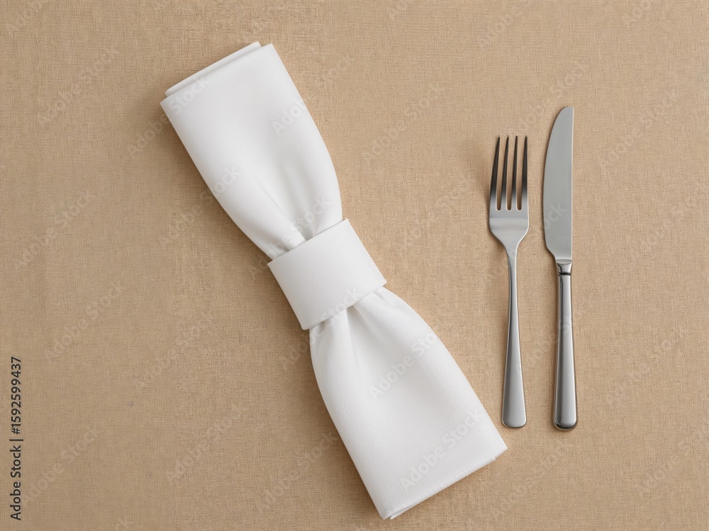 Poster elegant table setting, a pristine white napkin, neatly folded and paired with silverware, on a textu