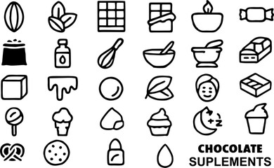 Vector icon set featuring chocolate supplements, including capsules, protein bars, cacao beans, nutrition jars, and wellness-themed health food illustrations.

