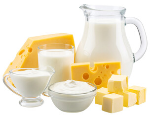 Variety of Dairy Products Including Milk Jug, Cheese Blocks, and Yogurt Cup Isolated on Transparent Background PNG
