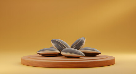 3D Sunflower Seeds on Premium Wooden Pedestal – Natural Gourmet Product Display