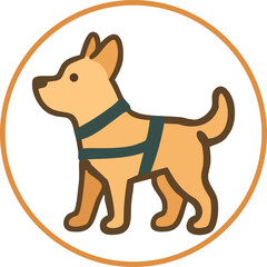 A flat vector icon of a guide dog wearing a harness, representing assistance for visually impaired individuals.