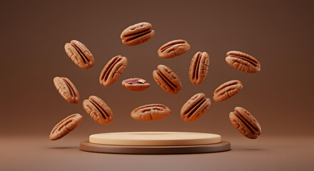 Fototapeta premium 3D Render of Floating Pecans on Minimal Pedestal