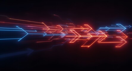 Abstract digital illustration featuring glowing neon arrows in red and blue colors against a dark black background representing concepts of direction and movement.