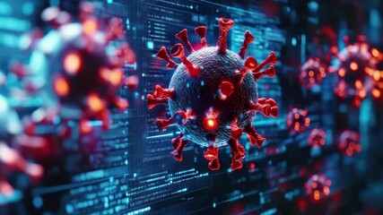 Microscopic view of coronavirus against digital background showcasing data and technology - Powered by Adobe