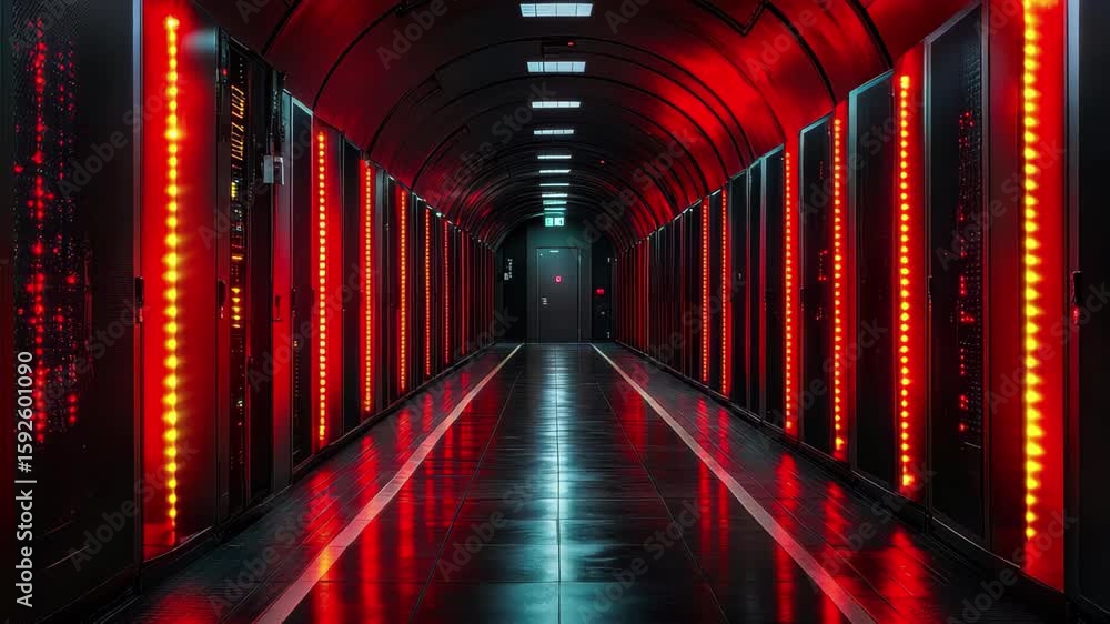 Aufkleber illuminated hallway in a data center featuring rows of server racks with vibrant red lights at night