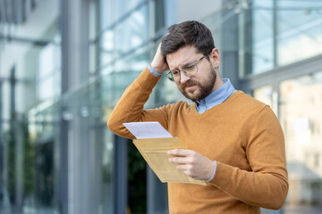 A sad young man stands outside on the street, reads a letter he received and holds his head in his...