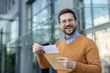 Close-up portrait of a young smiling man standing outside and holding an open envelope with a...