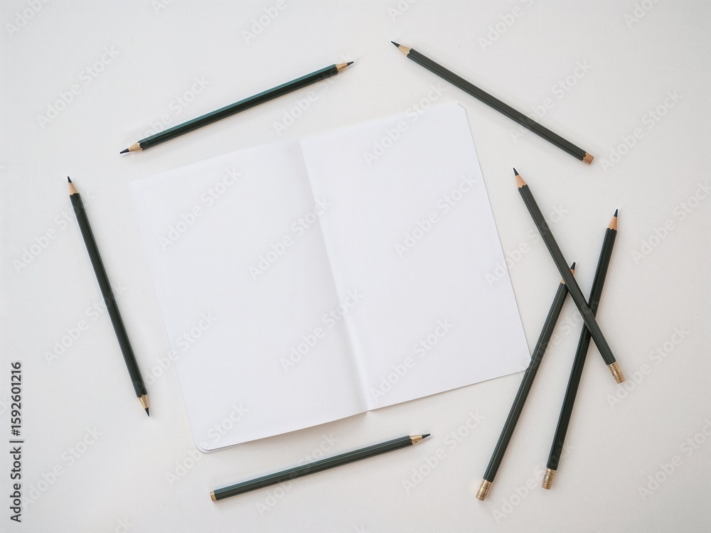 Poster elevated view of open white sketchbook surrounded by graphite pencils on a clean white surface displ