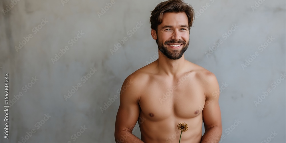 Poster a man with a beard and a flower in his hand. he is smiling and looking at the camera