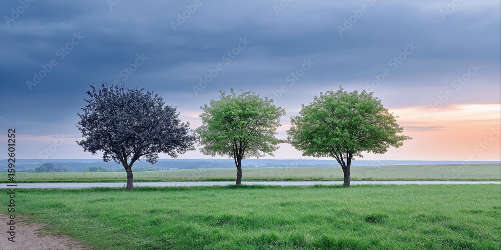 Poster three trees are standing in a field with a cloudy sky in the background. the trees are of different 