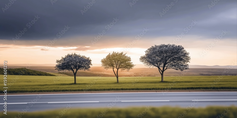 Aufkleber three trees are standing in a field with a road in the background. the sky is cloudy and the sun is 