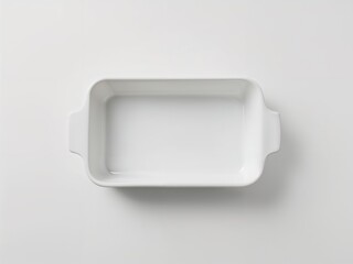 Elevated view of pristine white rectangular baking dish with curved handles, ideal for culinary creations and kitchenware showcases